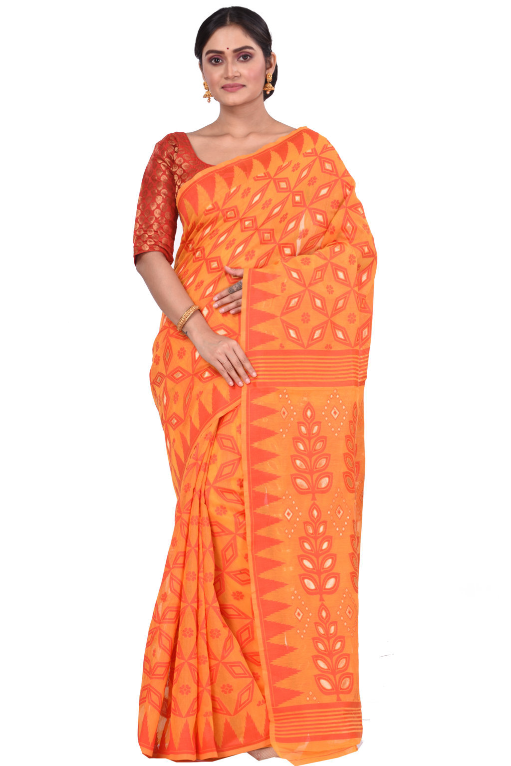 Orange Pure Cotton Minakari_Jmdni Jamdani Saree (695)